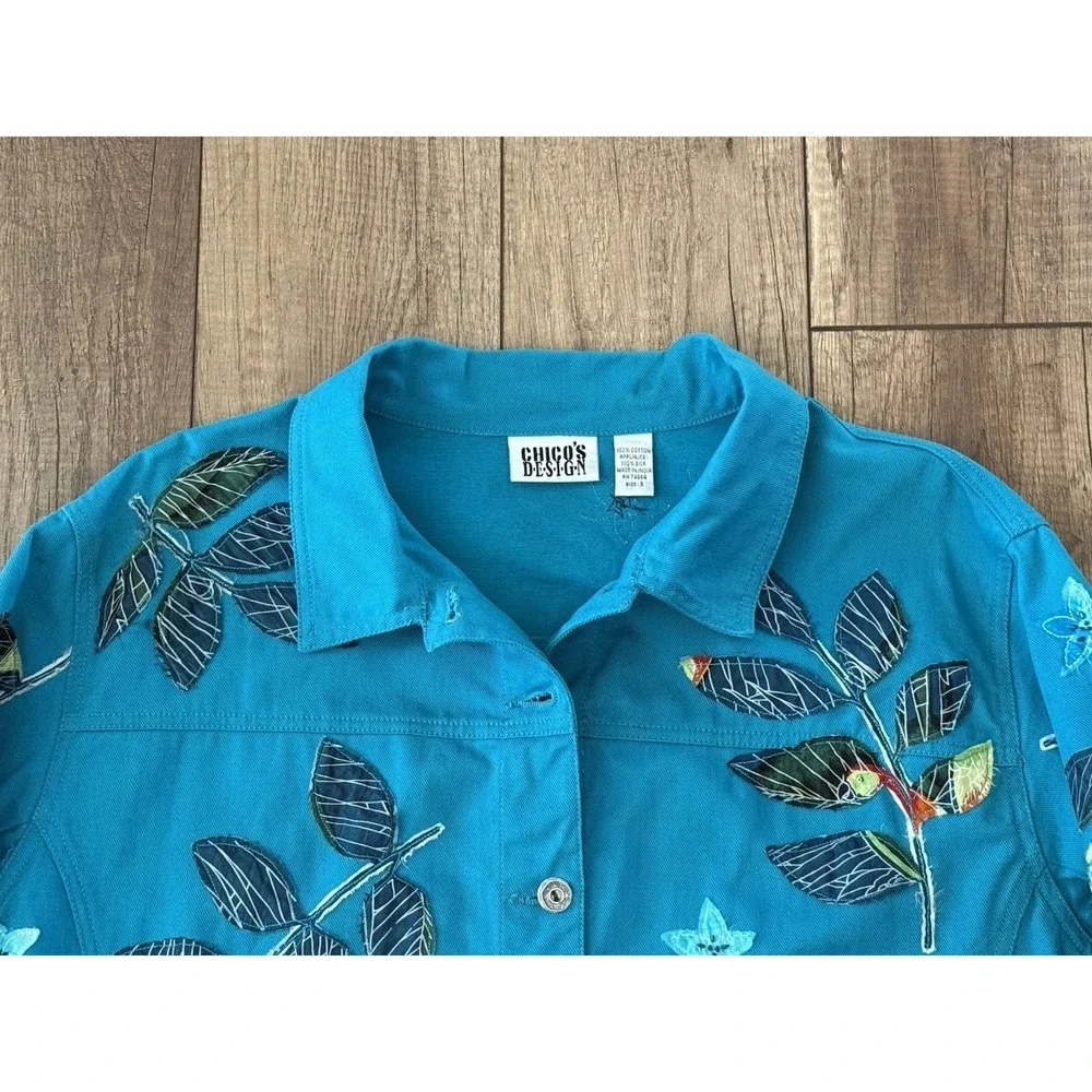 Chicos Teal Tropical/Leaf/Parrot Applique/Beaded Denim Jacket Sz 3 (XL-16) Artsy